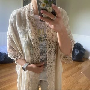 Tan gauze and crochet kimono
